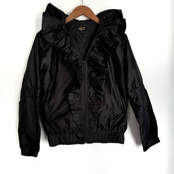 Sabina Bach ruffled collared jacket black size large taffeta full zip jacket - Picture 1 of 6